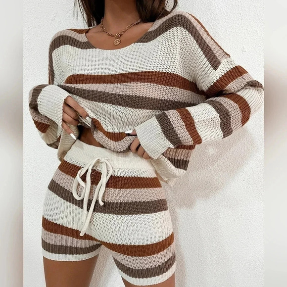 Striped Sweater Sweater Shorts Sets Striped Drop Shoulder Sweater